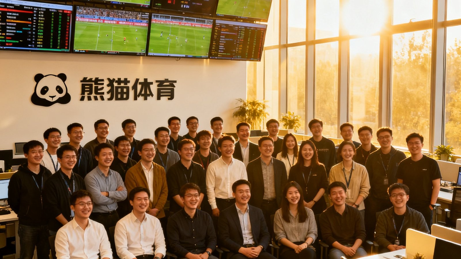 熊猫体育北京总部全体员工在开放式办公区合影，约120人面带笑容，背景是公司品牌墙和悬挂的多块赛事数据监控屏幕，阳光透过落地窗洒入室内